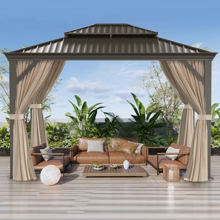 Double-Top 12 Ft. W x 10 Ft. D Hardtop Patio Gazebo with Polyester Curtains and Nettings