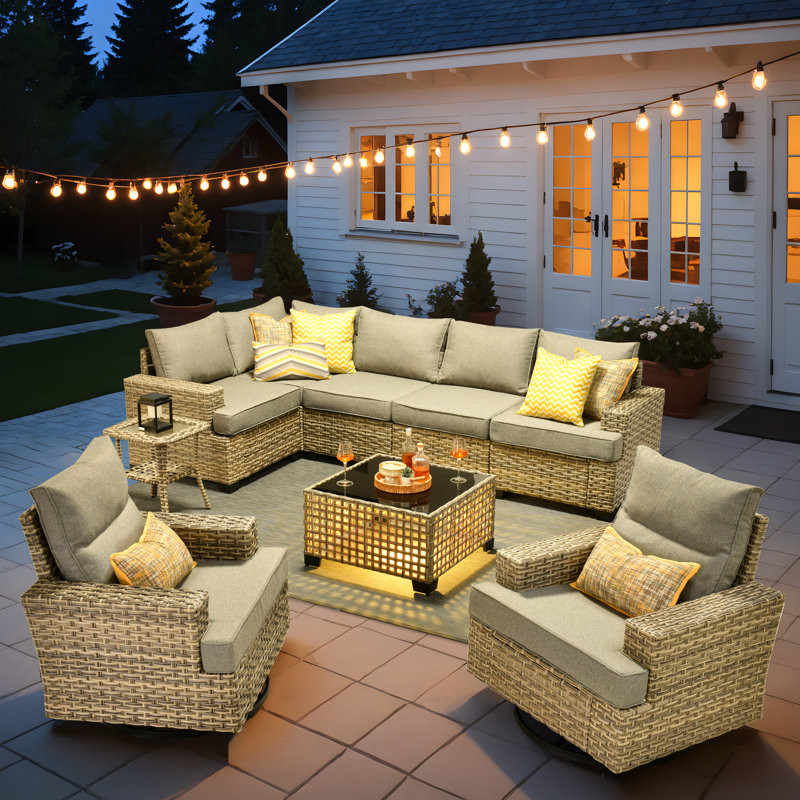 Outdoor Sofa 9-Piece Set With Coffee Table, Deep Size And Thick Cushion