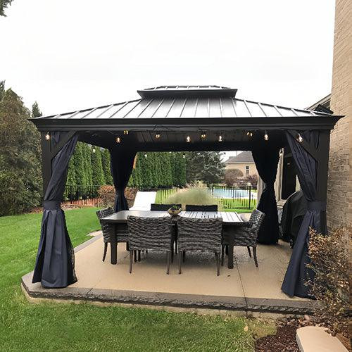 PURPLE LEAF Outdoor Hardtop Gazebo for Patio Bronze Aluminum Frame Pavilion with Navy-Blue Curtain