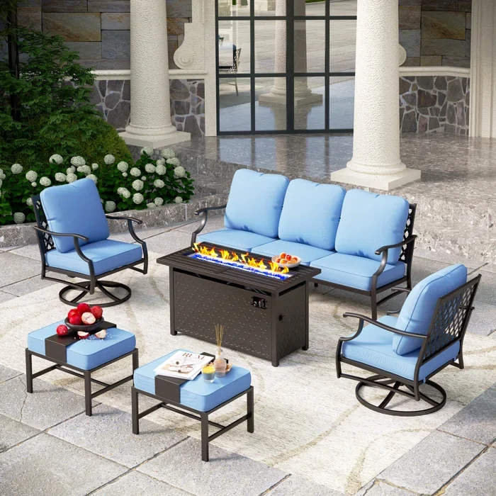 Asfand 7 - Person Outdoor Seating Group with Swivel Lounge Chairs& Firepit Table