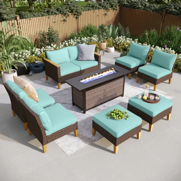 Argyri 8-Piece Wicker Outdoor Patio Conversation Furniture Sectional Set with Fire Pit Table