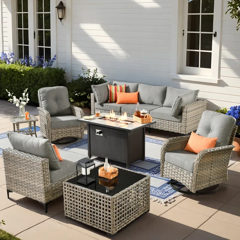 6 Seats High Quality Pe Rattan Outdoor Furniture Sofa With Rocking Chair And Stove, Can Be Freely Combined