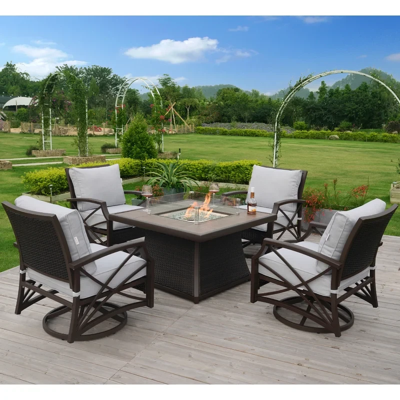 Johndavid 5 Piece Handwoven Rattan Outdoor Propane Gas Fire Table Set With Cushions