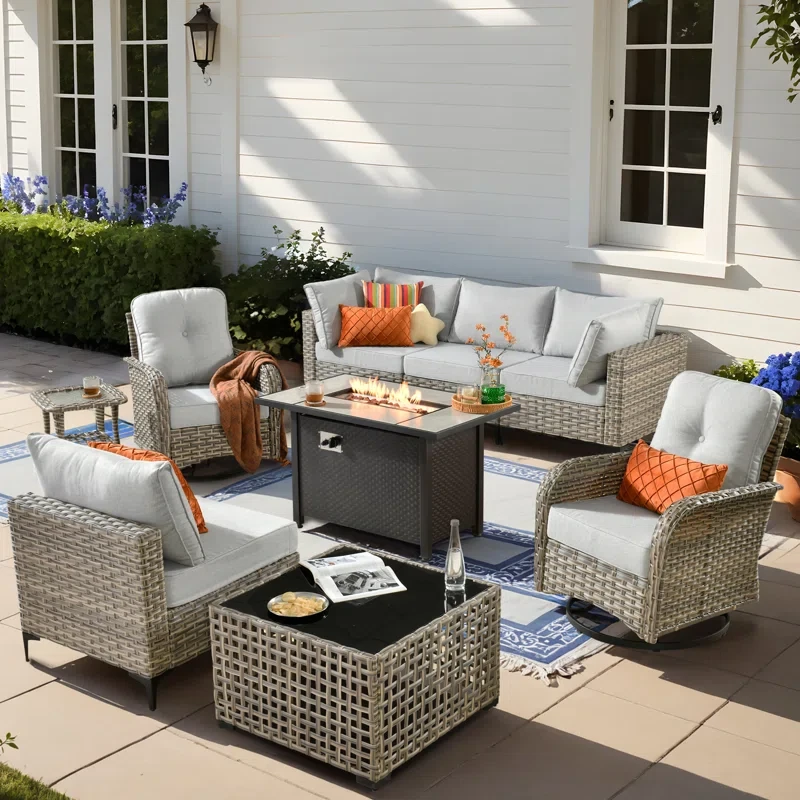 6 Seats High Quality Pe Rattan Outdoor Furniture Sofa With Rocking Chair And Stove, Can Be Freely Combined