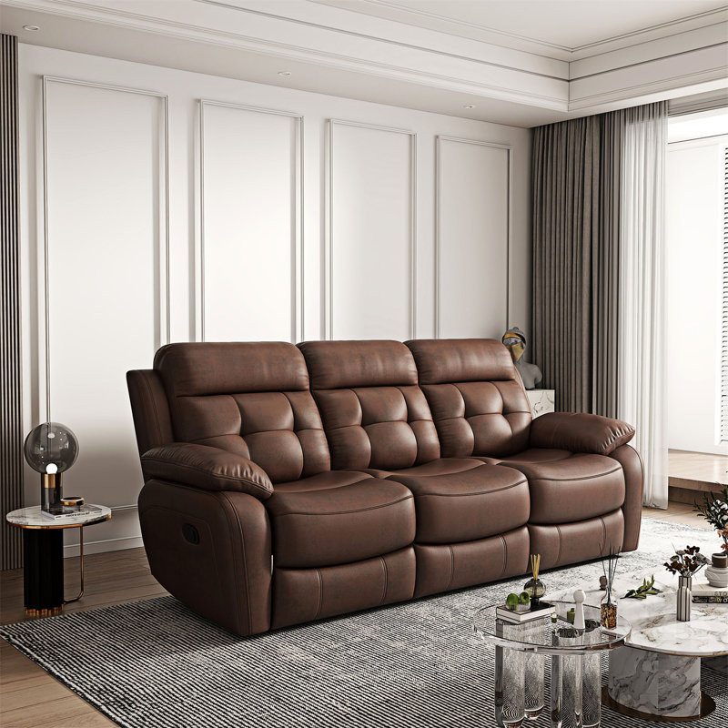 Genuine Leather Non-Power Reclining Sofa with Drop Down Table