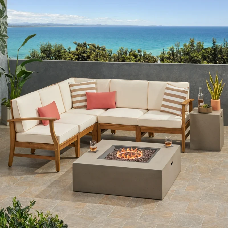 Castonia Outdoor V-Shaped Acacia Wood Sofa Set