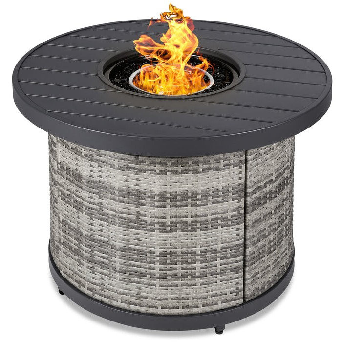 50,000 BTU Grey Wicker Round LP Gas Propane Fire Pit W/ Faux Wood Tabletop And Cover