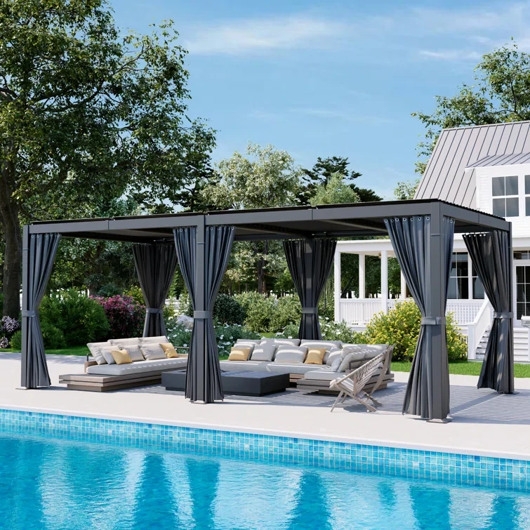 20 Ft. W x 10 Ft. D Aluminum Louvered Pergola with Adjustable Roof and Curtains