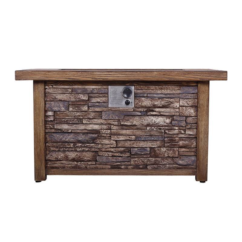 Harwinder Rectangle Fire Pit Table, Faux Woodgrain Top,Faux Stone Texture Base Propane Gas Fire Table For Outdoor