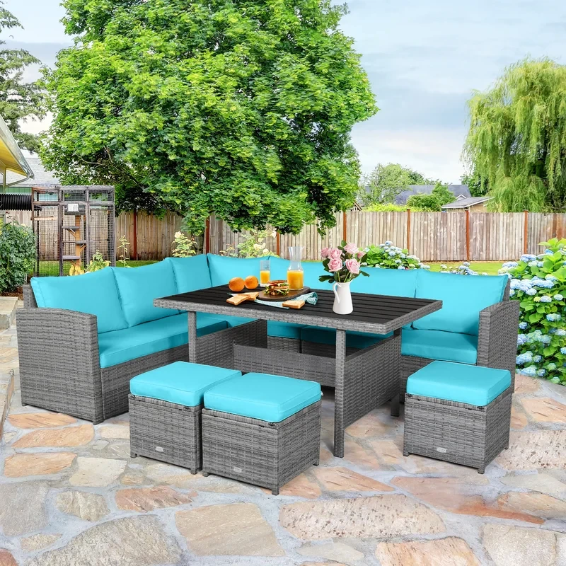 Red Barrel Studio® 7-piece Wicker Patio Furniture Set Outdoor Rattan Sofa Set Conversation Couch Set Turquoise