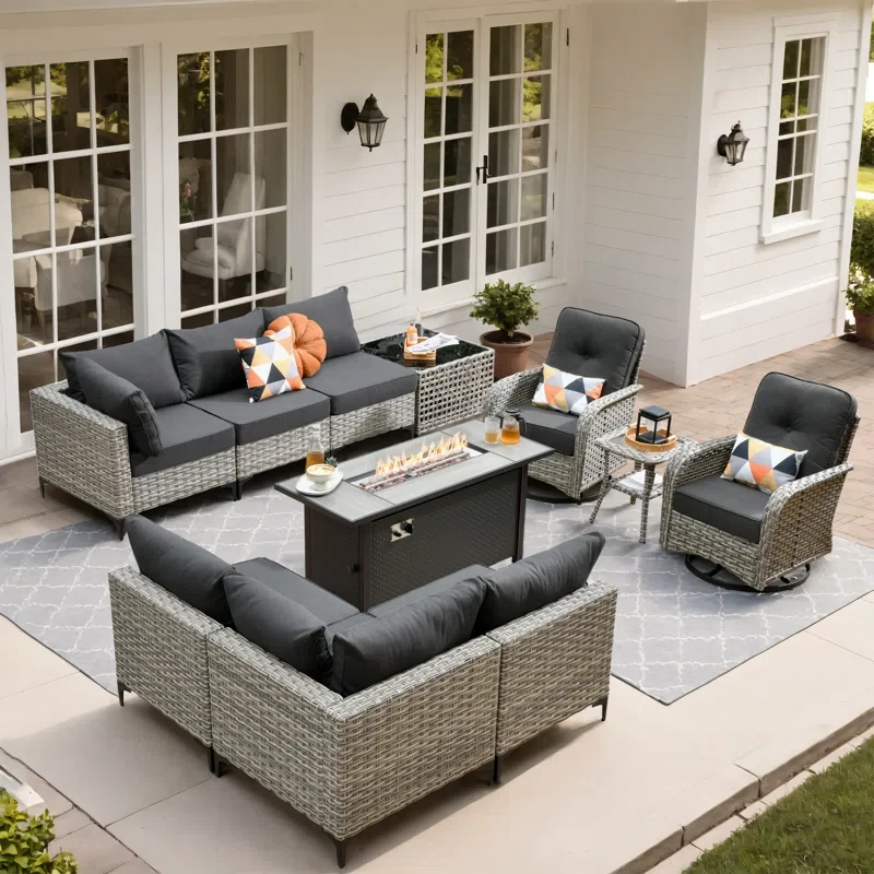 10 Piece Patio Furniture With Fire Pit Table, Outdoor Rattan Wicker Conversation Set With Glowing Coffee Table, Comfy Sectional Sofa Set With Swivel Rocking Chairs For Porch Balcony Backyard Pool