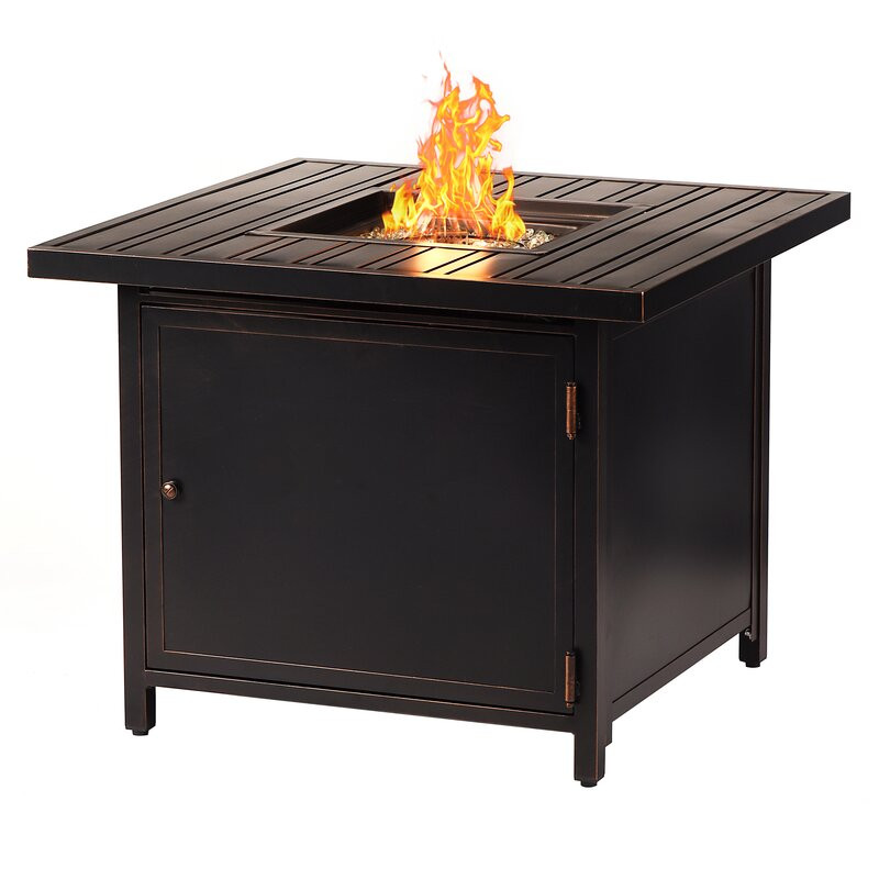 Raeann Square 32 In. X 32 In. Aluminum Propane Fire Pit Table With Glass Beads, Two Covers, Lid, 37,000 Btus In Brown Finish