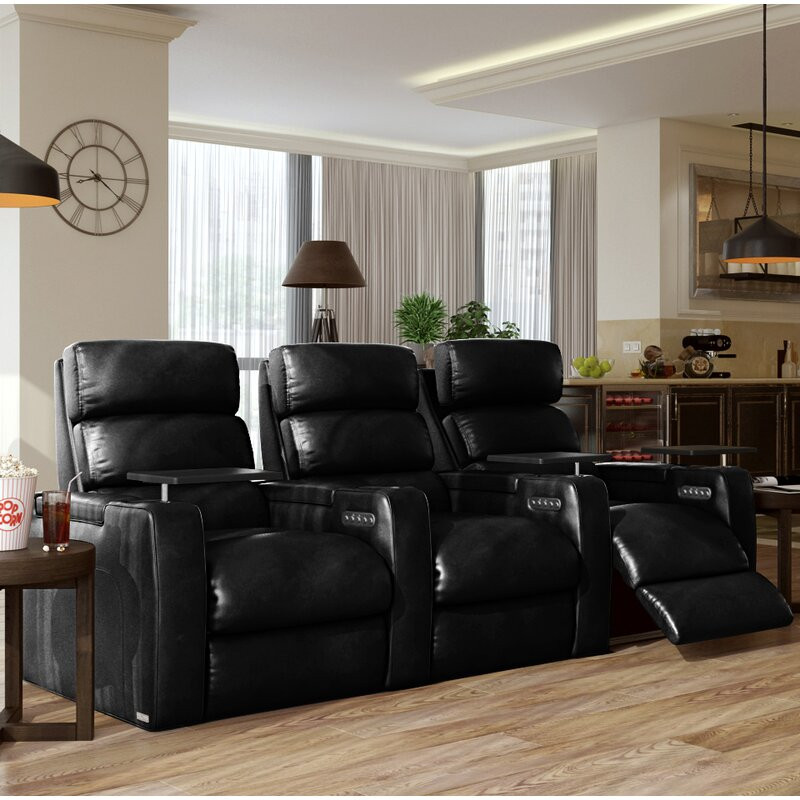 Leather Power Reclining Home Theater Seating with Cup Holder Upholstery:  Black Genuine Leather