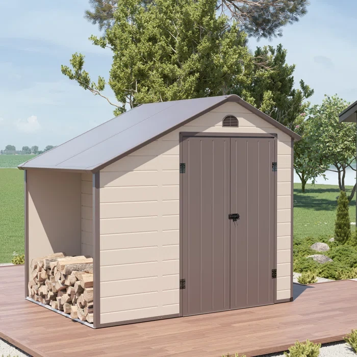 8.5 ft. W x 6.3 ft. D Plastic Outdoor Patio Storage Shed with Firewood Rack