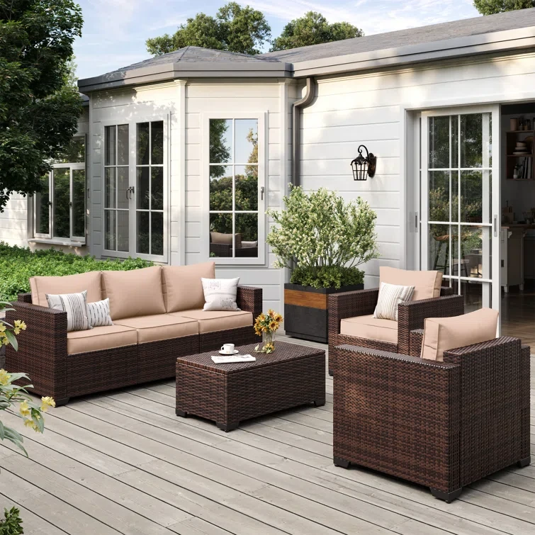 4-Pieces Wide Armrest Outdoor Sectional Rattan Conversation Set with Storage Table.