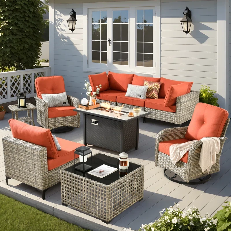 6 Seats High Quality Pe Rattan Outdoor Furniture Sofa With Rocking Chair And Stove, Can Be Freely Combined