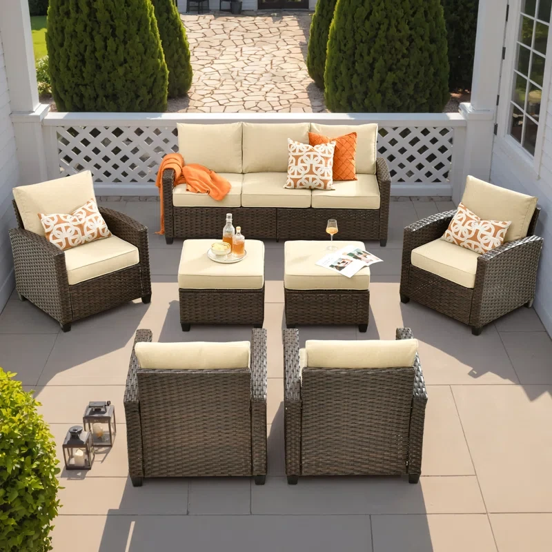 Patio Furniture Set With Firepit Table, 8 Pieces Outdoor Wicker Rattan Sofa Couch With 4 Chairs, Ottomans And Comfy Cushions, All Weather High Back Conversation Set Garden Backyard