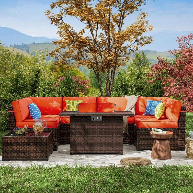 Rikuto 6-Person Slanted-Back Sectional Sofa With Fire Pit Table, Coffee Table