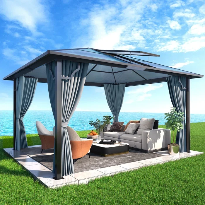 Outdoor Polycarbonate Hardtop Gazebo - Aluminum Frame with Breathable Nettings & Private Curtains  10 Ft. W x 10 Ft. D