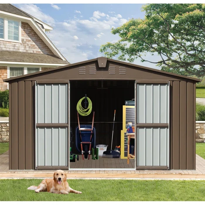 78.7" H x 138.11" W x 154.17" D Backyard Storage Shed With Galvanized Steel Frame & Windows, Outdoor Garden Shed Metal Utility Tool Storage Room With Lockable Door For Patio(Brown)