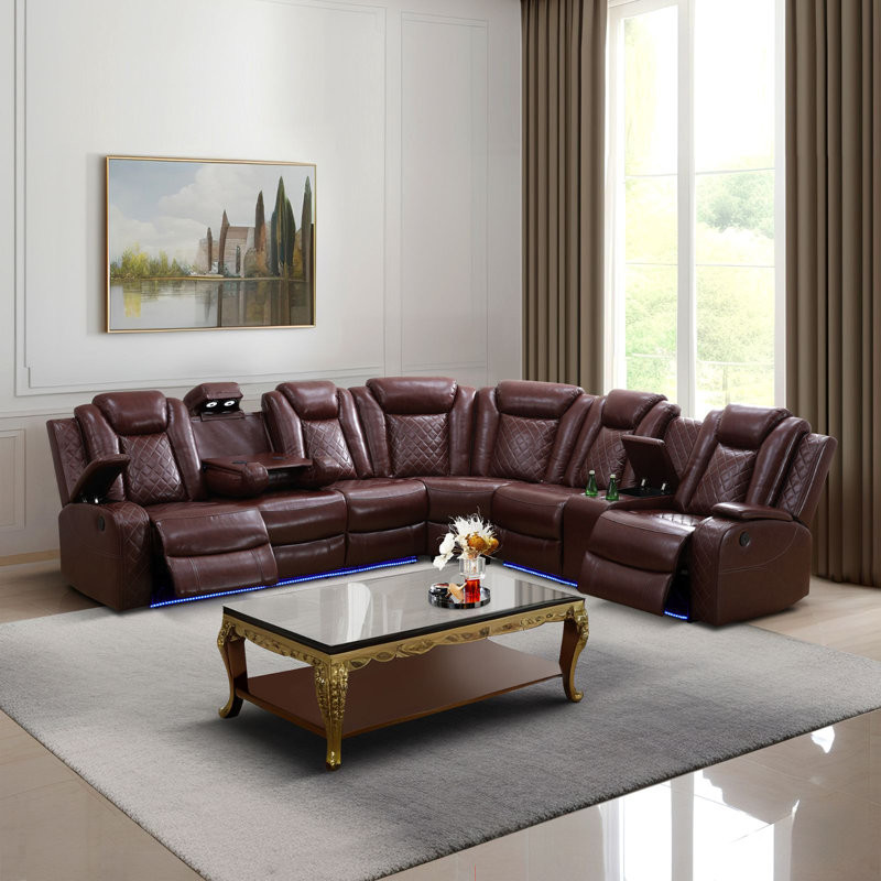 Shamla 3-Pieces 210”Breathing Leather Power Reclining Theater Sectional,LED Lighting