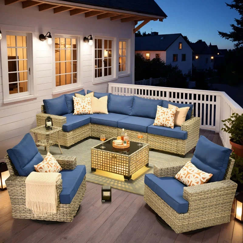 Outdoor Sofa 9-Piece Set With Coffee Table, Deep Size And Thick Cushion