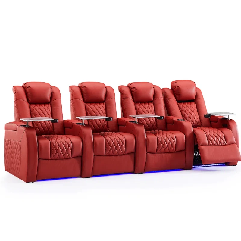 122" Wide Genuine Leather Home Theater Seating with Cup Holder (Set of 4)