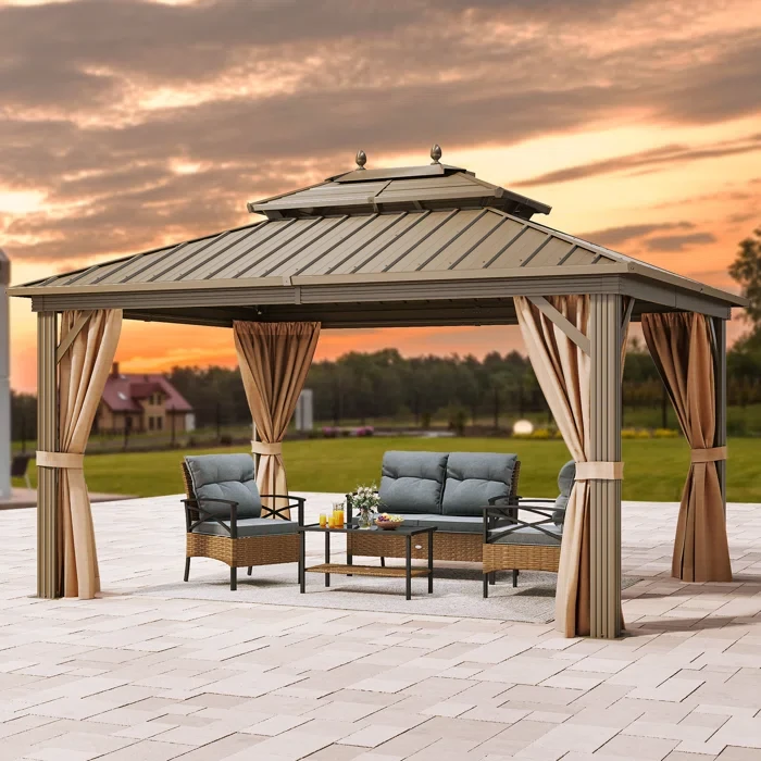 Outdoor Hardtop Aluminum Patio Gazebo with Antique Bronze Roof  14 ft x 12 ft