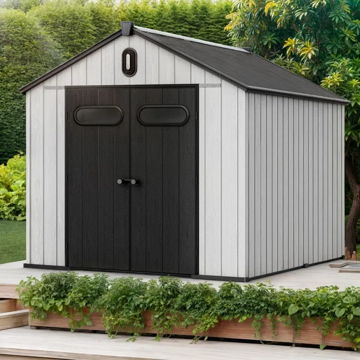 95"H x 91"W x 114.6"DDouble Door Outdoor Resin Storage Shed