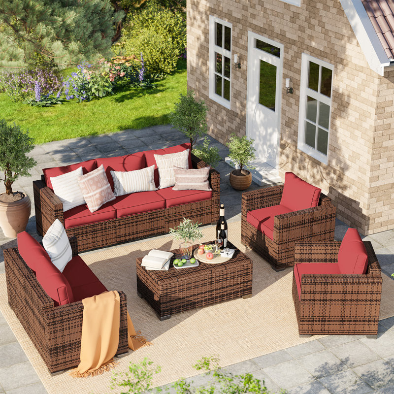 Azoriah 5 Piece Oversized Armrest Outdoor Sectional Furniture Rattan Sets w/Storage Table