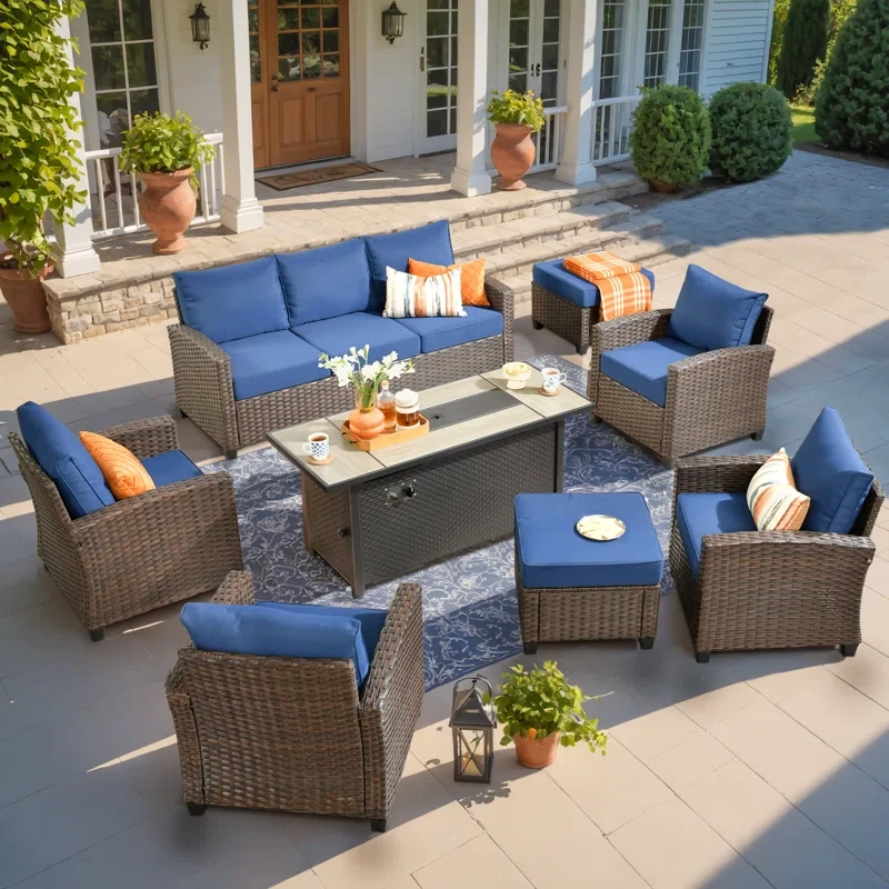 Patio Furniture Set With Firepit Table, 8 Pieces Outdoor Wicker Rattan Sofa Couch With 4 Chairs, Ottomans And Comfy Cushions, All Weather High Back Conversation Set Garden Backyard