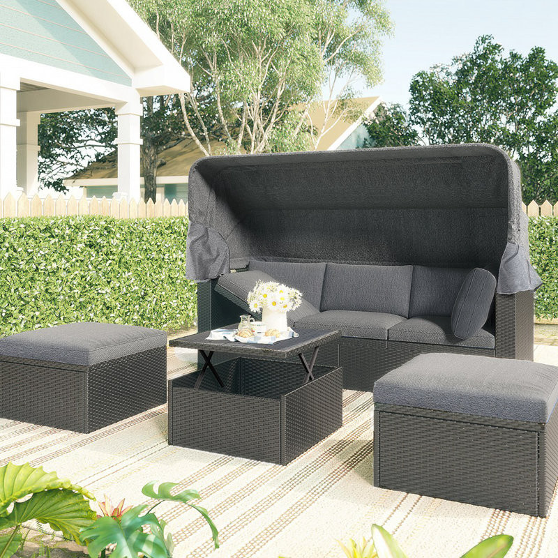Crenwick Outdoor Patio Rectangle Daybed with Retractable CanopyWicker Sectional Seating