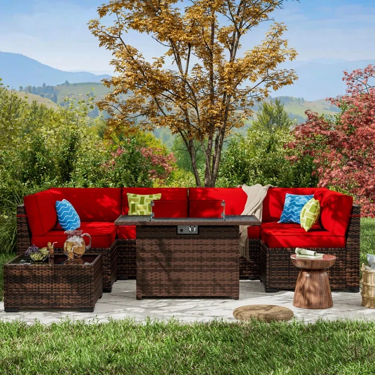 Rikuto 6-Person Slanted-Back Sectional Sofa With Fire Pit Table, Coffee Table