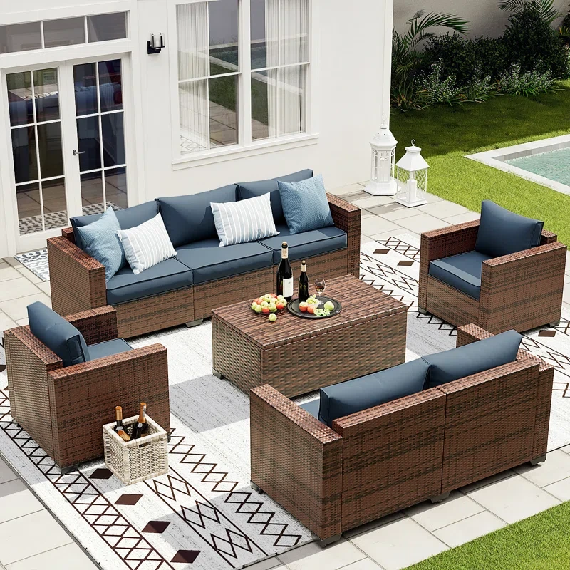 Azoriah 5 Piece Oversized Armrest Outdoor Sectional Furniture Rattan Sets w/Storage Table