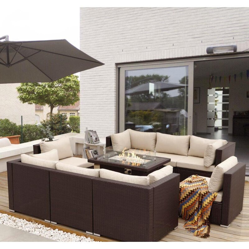 Patio Furniture Conversation Sofa Set with Firepit Table and Cushions