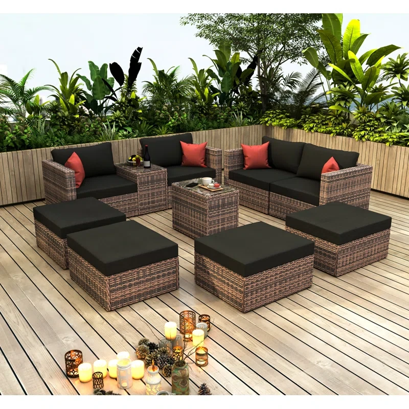 10 Pieces Outdoor Patio Garden Brown Wicker Sectional Conversation Sofa Set