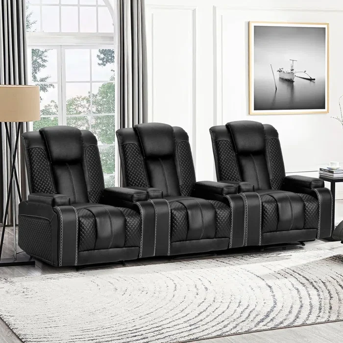 37'' Wide Modern And Overstuffed Breathable Leather Reclining Home Theater Seat With Cup Holder (Set Of 3)