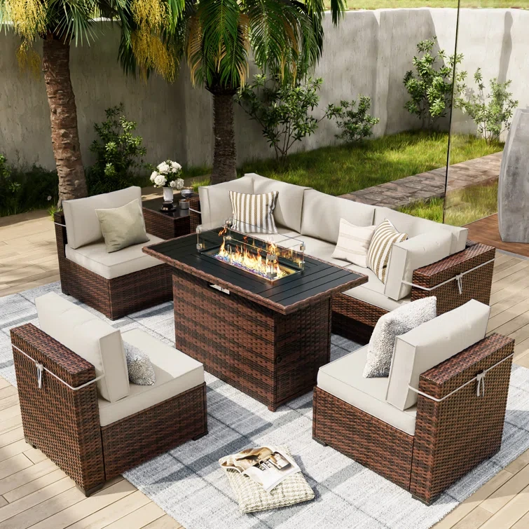 Romanas 8 Piece Patio Conversation Sets With Fire Pit Table