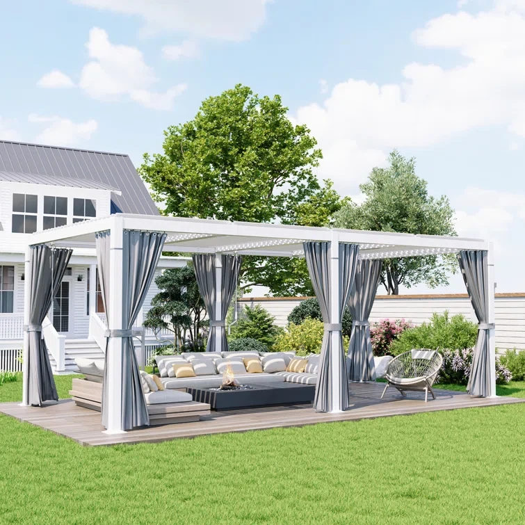 20 Ft. W x 10 Ft. D Aluminum Louvered Pergola with Adjustable Roof and Curtains