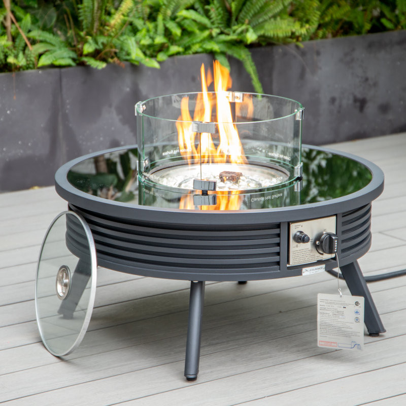 Latitude Run® Walbrooke Modern Black Round Slats Design Patio Fire Pit Table With Wind Guard