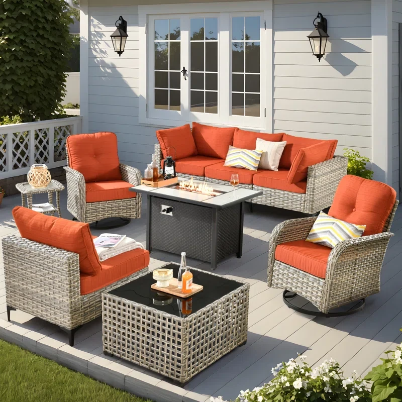 6 Seats High Quality Pe Rattan Outdoor Furniture Sofa With Rocking Chair And Stove, Can Be Freely Combined