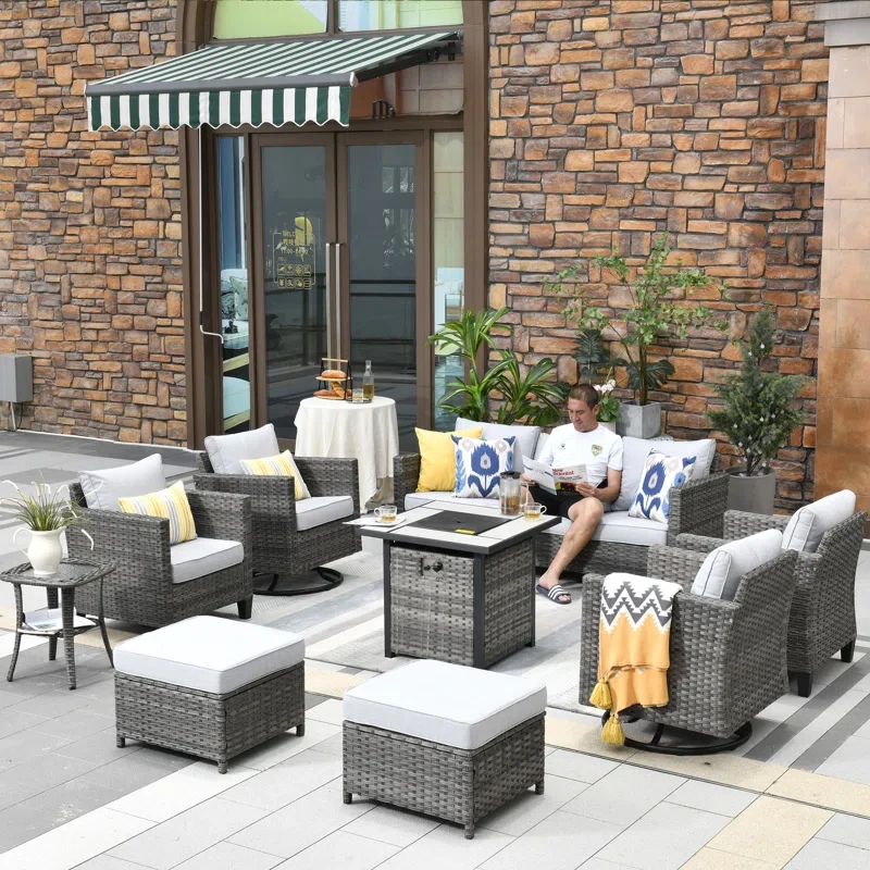 Harbin 7-Person Wicker/Rattan Patio Conversation Set With Cushions With Fire Pit