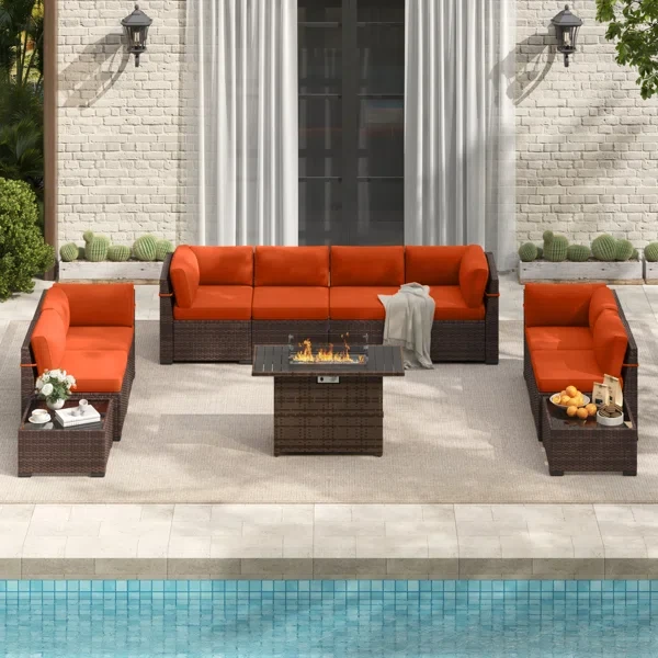 Rikuto 8 - Person Outdoor Slanted-Back Sectional Sofa With 2 Coffee Table, Fire Pit Table