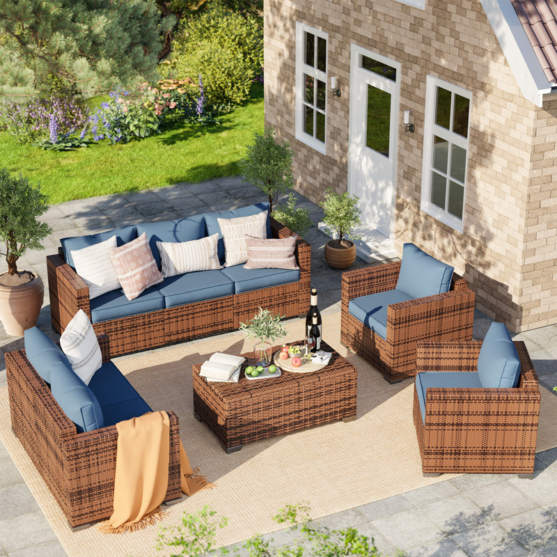 Azoriah 5 Piece Oversized Armrest Outdoor Sectional Furniture Rattan Sets w/Storage Table