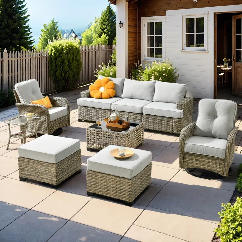 Tommy Outdoor Wicker 5 Person Seating Group With Cushions And Ottomans