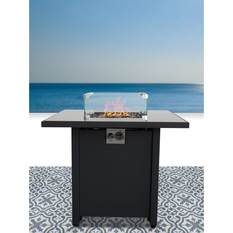 30” Black Powdercoated Metal Fire Pit With Smoked Glass Top