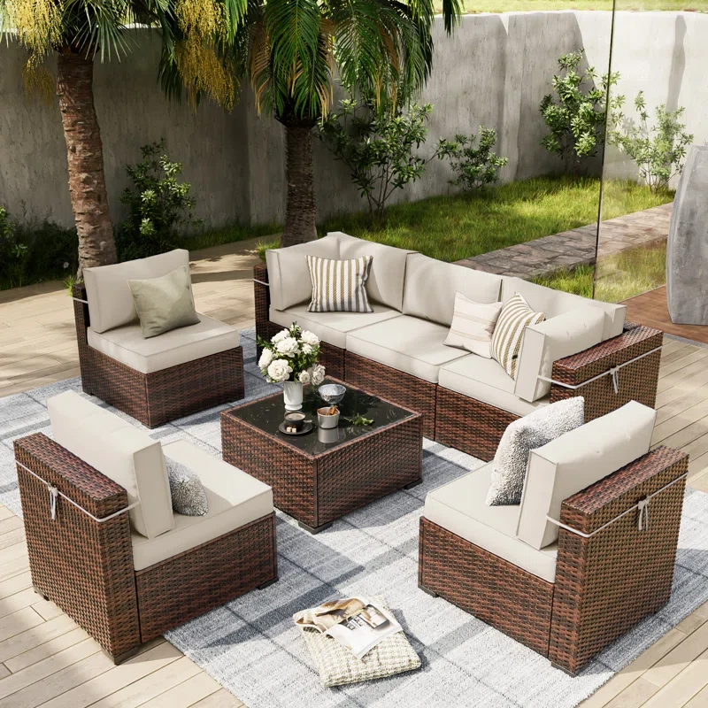 7 Piece Rattan Sectional Seating Group with Cushions