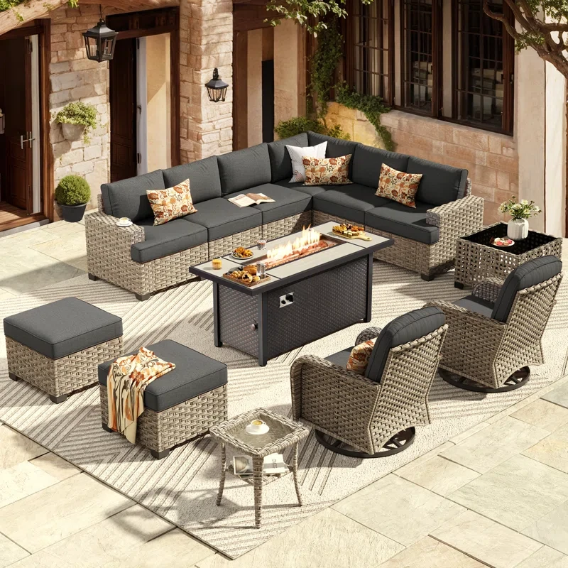 13 Piece Patio Sectional Furniture With Swivel Rocking Chairs, Rattan Wicker Coversation Set With Glowing Coffee Table, Outdoor Sofa Set With Fire Pit For Outside Porch Balcony Backyard Pool