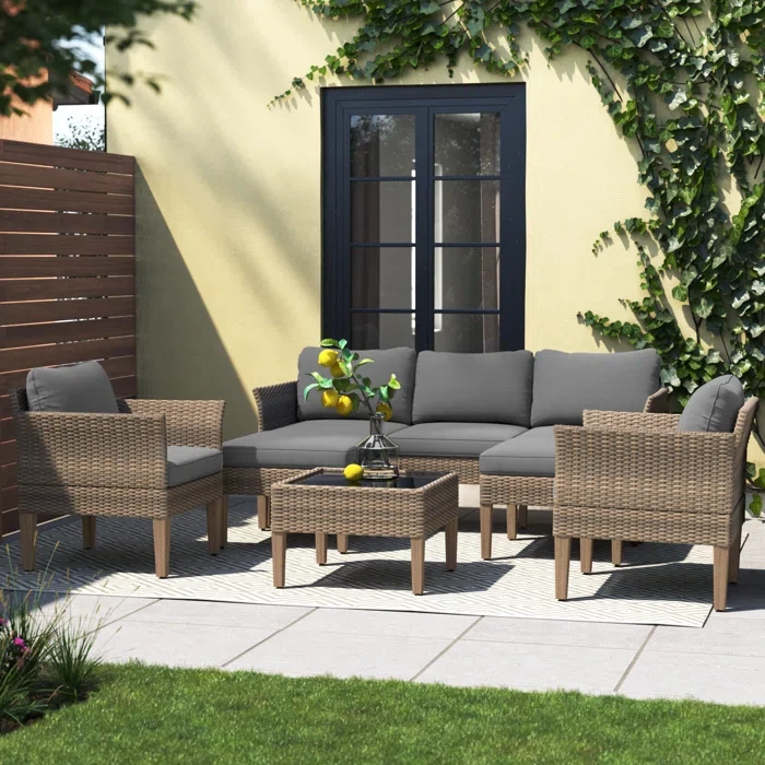 Annancy 6-Piece Outdoor Conversation Set with Sofa and Club Chairs in Mixed Brown Wicker (Set of 6)