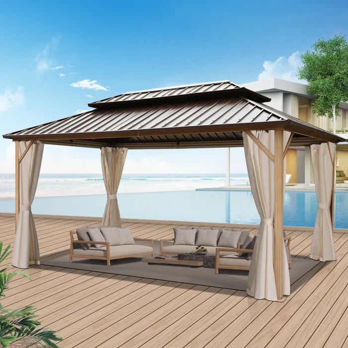 Patio Galvanized Steel Hardtop Gazebo with Aluminum Frame, Double Roof Gazebo with Netting & Curtain 120.48" H x 190.92" W x 143.76" D